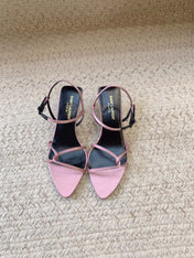 STRAPPY MID HEEL SANDALS IN PINK SILK