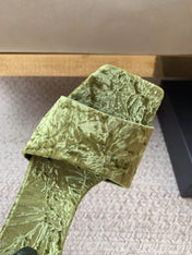 HIGH HEEL SLIDES IN TEA GREEN VELVET