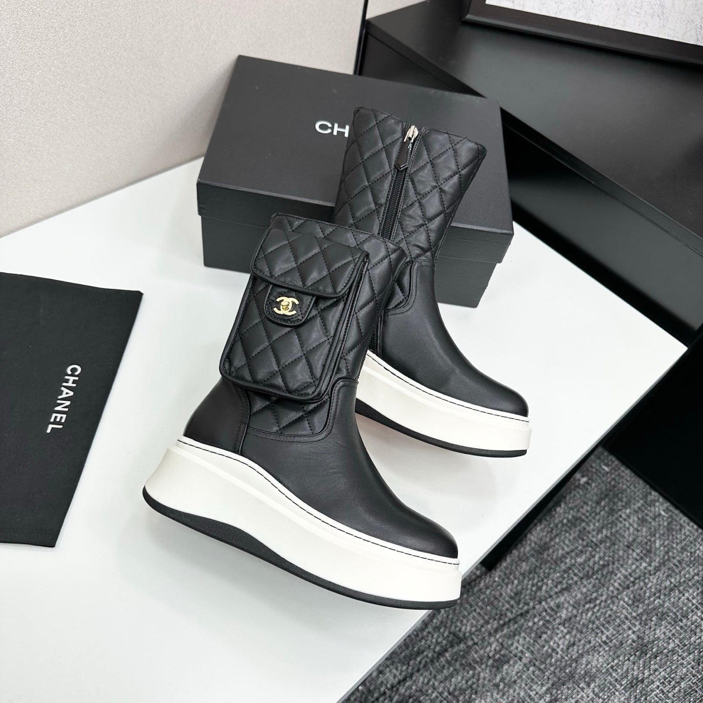 CHANEL 25S WEDGE ANKLE BOOTS IN BLACK CALFSKIN SILVER HARDWRE