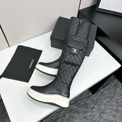 CHANEL 25S WEDGE KNEE-HIGH BOOTS IN BLACK CALFSKIN SILVER HARDWRE