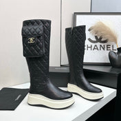 CHANEL 25S WEDGE KNEE-HIGH BOOTS IN BLACK CALFSKIN SILVER HARDWRE