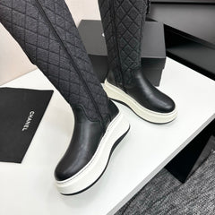 CHANEL 25S WEDGE KNEE-HIGH BOOTS IN BLACK CALFSKIN AND DENIM