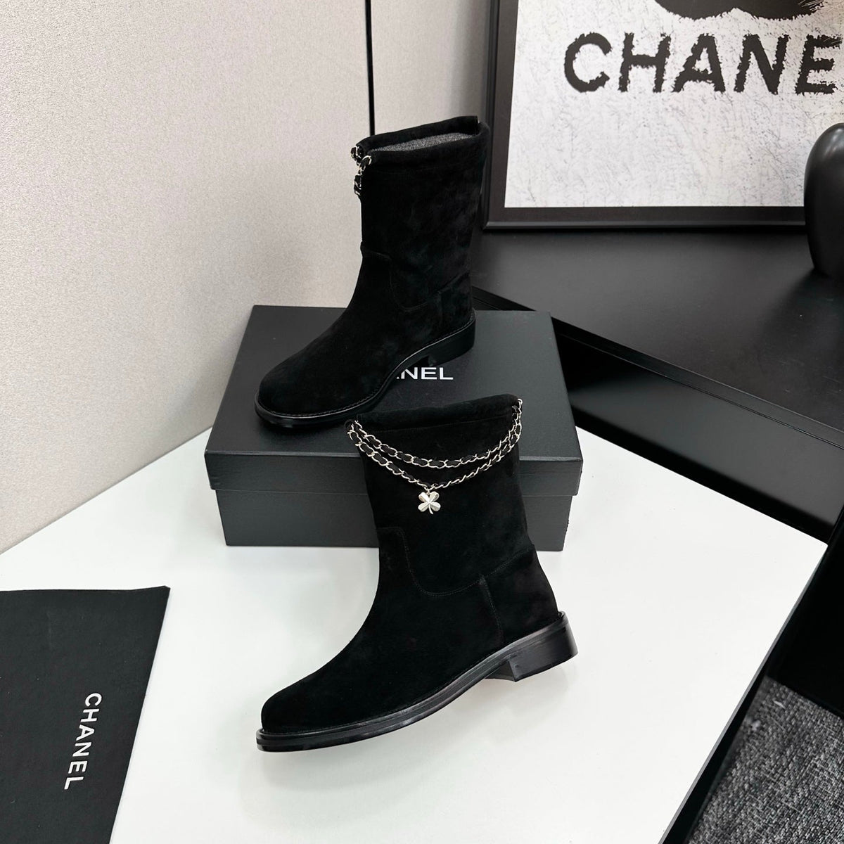 CHANEL 25S SHORT BOOTS IN BLACK SUEDE SILVER HARDWRE