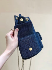DRAWSTRING BUCKET BACKPACK 24 IN DARK BLUE DENIM GOLD HARDWARE