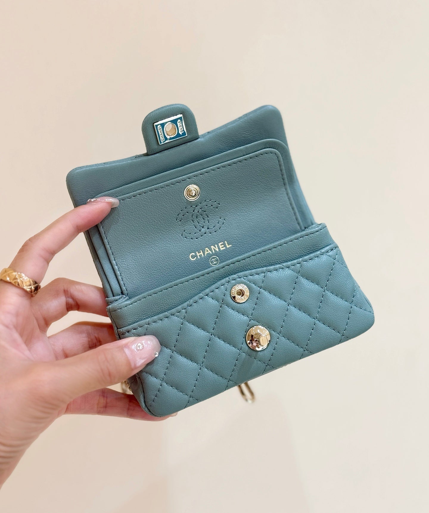 25S CHANEL MINI CF BAG 12 IN MUTED TEAL LAMBSKIN HEART MODEL