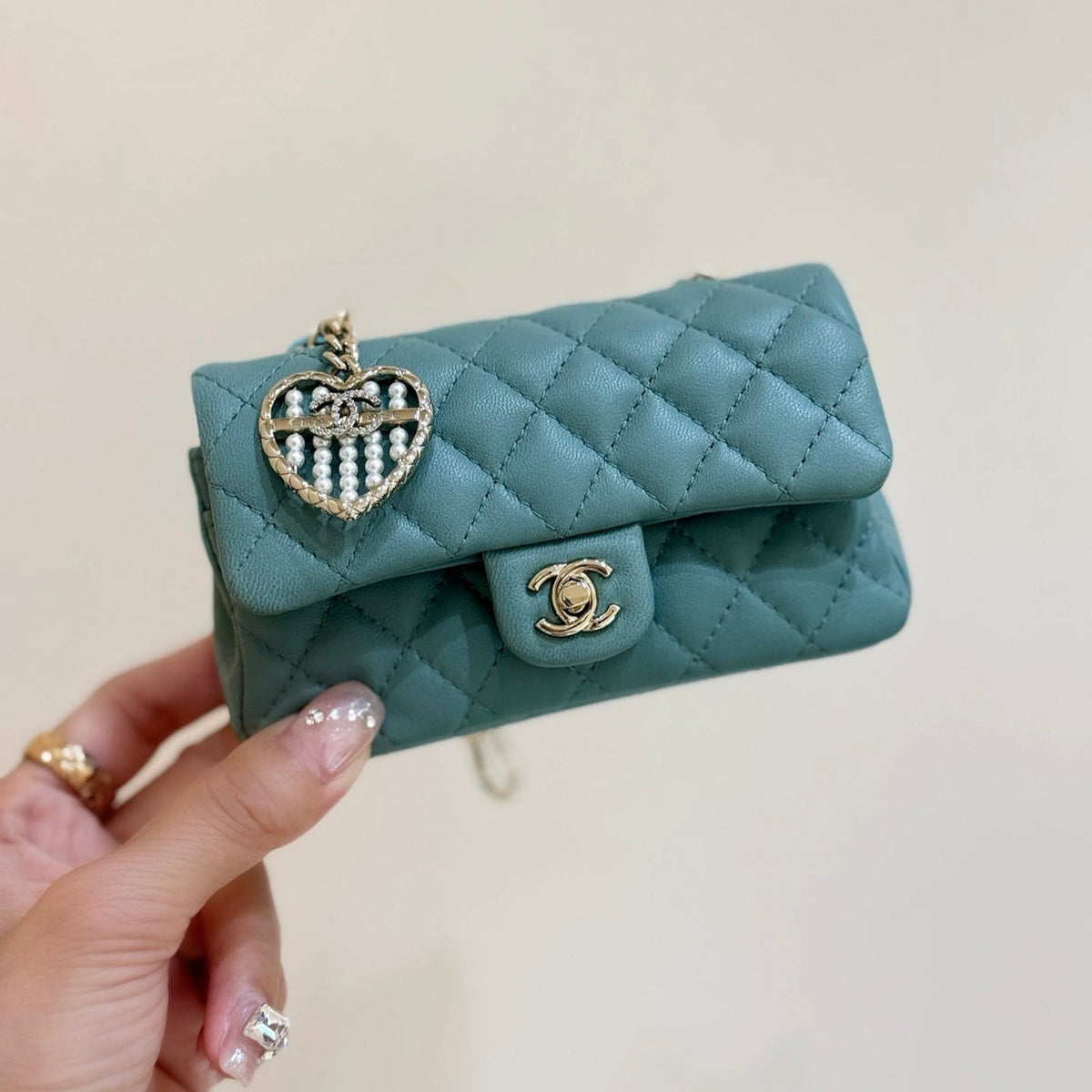 25S CHANEL MINI CF BAG 12 IN MUTED TEAL LAMBSKIN HEART MODEL