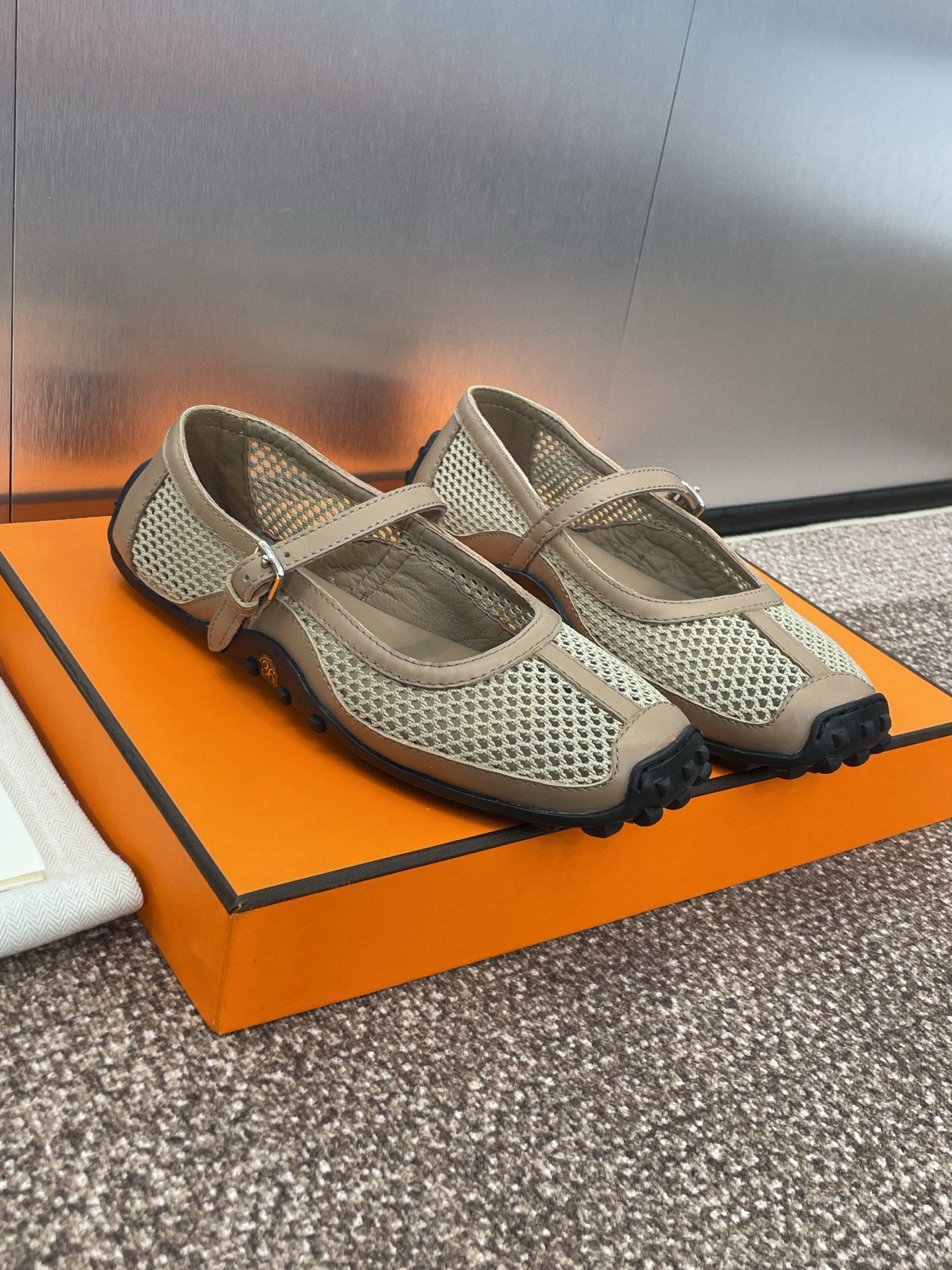 KICHU BALLET FLAT IN MOCHA BROWN CROCHET KNIT AND CALFSKIN