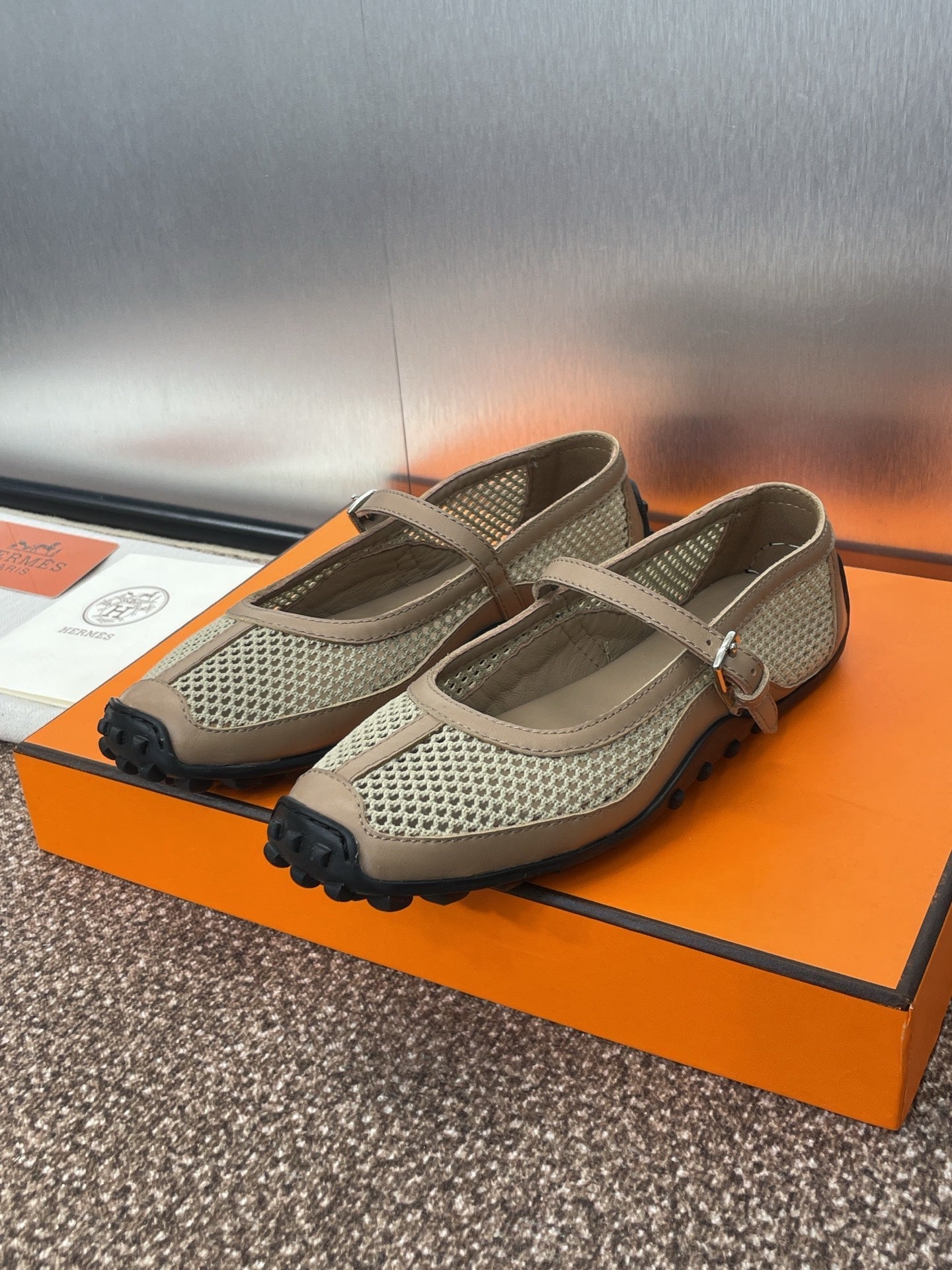 KICHU BALLET FLAT IN MOCHA BROWN CROCHET KNIT AND CALFSKIN