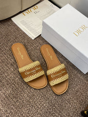 DIOR 25S D-LANE SLIDE CAMEL CALFSKIN AND NATURAL BRAIDED RAFFIA
