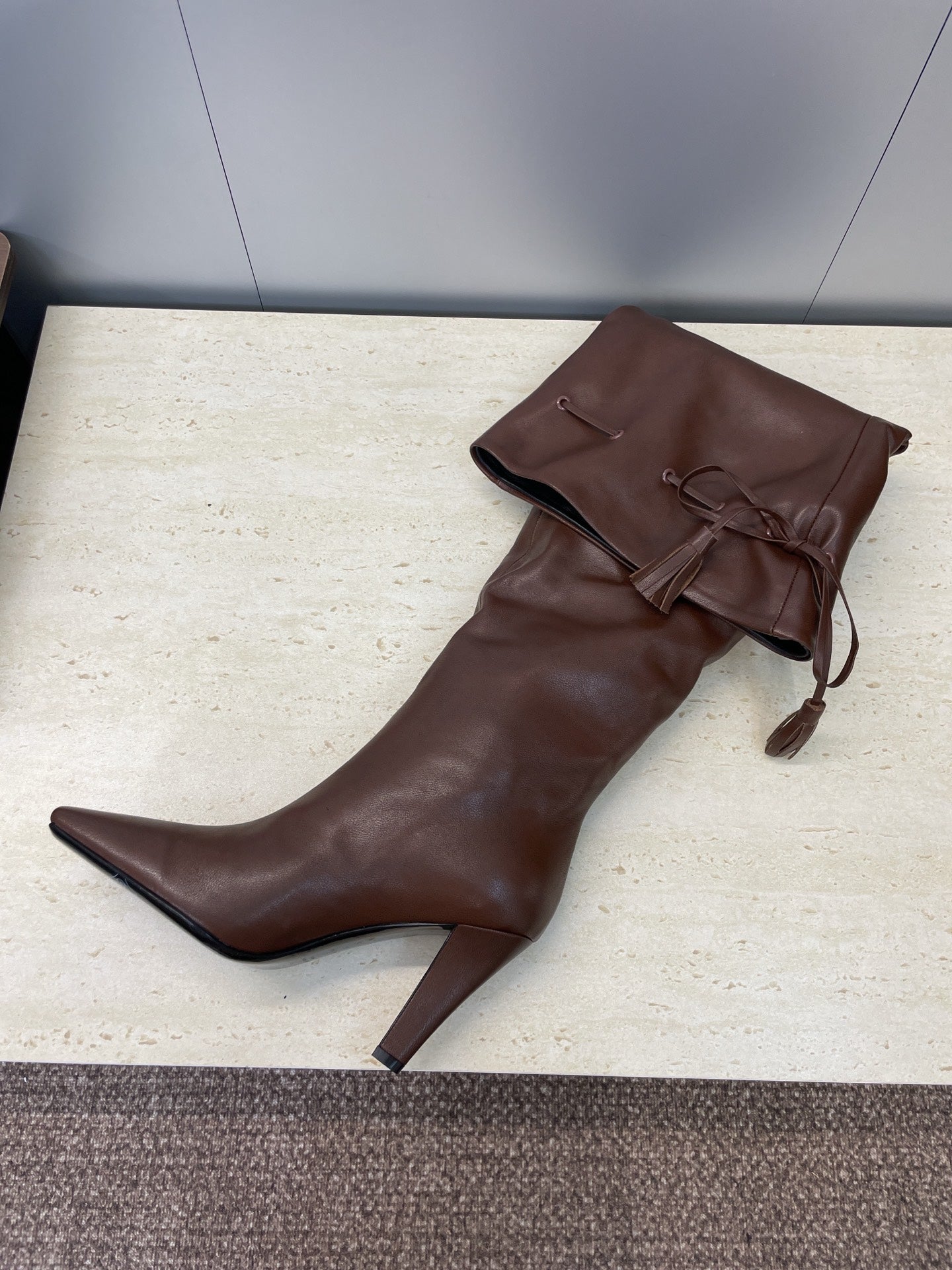 YSL 25S HIGH‑HEEL FRINGED MARTIN BOOTS 90 MM IN DARK BROWN LAMBSKIN