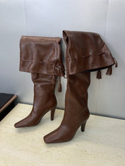 YSL 25S HIGH‑HEEL FRINGED MARTIN BOOTS 90 MM IN DARK BROWN LAMBSKIN