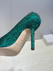 JIMMY CHOO 26S HIGH HEELS 95 MM IN GREEN CRYSTAL-EMBELLISHED