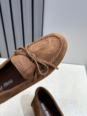 MIUMIU 26S LOAFERS IN DARK BROWN SUEDE WITH BOW