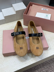 MIUMIU 26S MARY JANE FLATS IN TAN BROWN SUEDE WITH BUCKLE STRAP CALFSKIN