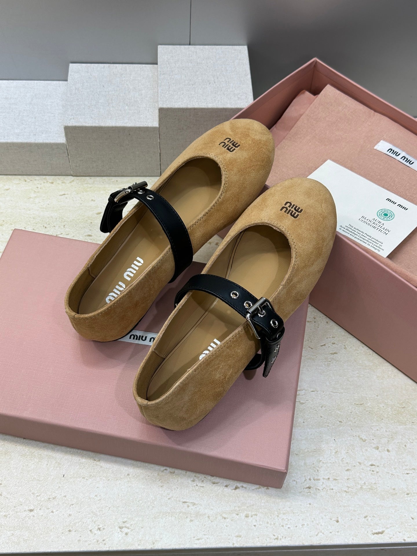 MIUMIU 26S MARY JANE FLATS IN TAN BROWN SUEDE WITH BUCKLE STRAP CALFSKIN
