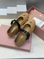 MIUMIU 26S MARY JANE FLATS IN TAN BROWN SUEDE WITH BUCKLE STRAP CALFSKIN
