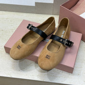 MIUMIU 26S MARY JANE FLATS IN TAN BROWN SUEDE WITH BUCKLE STRAP CALFSKIN