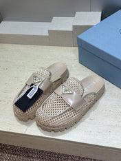 PRADA 26S MULE LOAFERS IN BEIGE MESH AND CALFSKIN