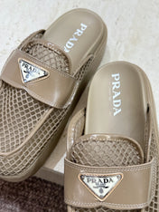 PRADA 26S MULE LOAFERS IN BROWN MESH AND CALFSKIN