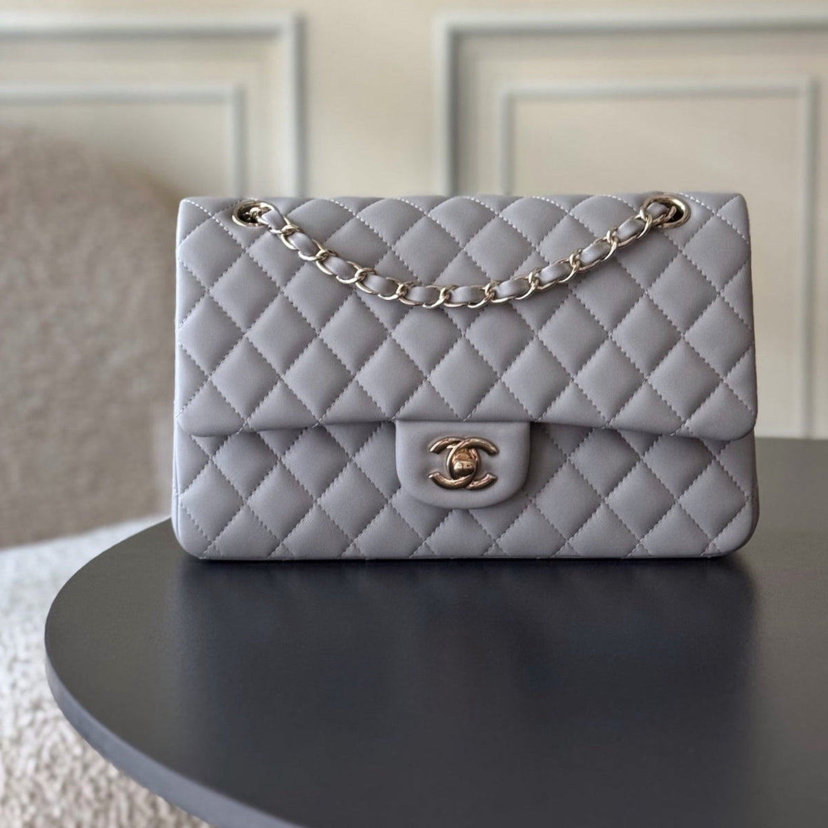 CHANEL 25S CLASSIC FLAP BAG 25 CM IN GREY LAMBSKIN WITH GOLD HARDWARE