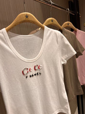 CC Hand-beaded Coco letter U-neck T-shirt Cotton