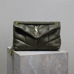 YSL 25S LOULOU PUFFER MM 29 IN DARK OLIVE CALFSKIN GOLD HARDWARE