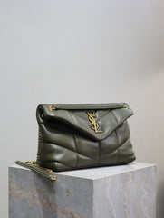 YSL 25S LOULOU PUFFER MM 29 IN DARK OLIVE CALFSKIN GOLD HARDWARE