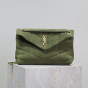 YSL 25S LOULOU PUFFER MM 29 IN GREEN SUEDE GOLD HARDWARE