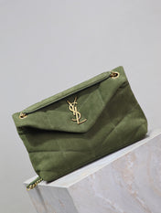 YSL 25S LOULOU PUFFER MM 29 IN GREEN SUEDE GOLD HARDWARE