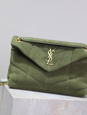 YSL 25S LOULOU PUFFER MM 29 IN GREEN SUEDE GOLD HARDWARE