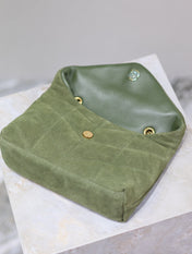YSL 25S LOULOU PUFFER MINI 23 IN GREEN SUEDE GOLD HARDWARE