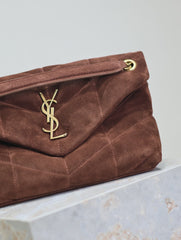 YSL 25S LOULOU PUFFER MM 29 IN DARK BROWN SUEDE GOLD HARDWRE