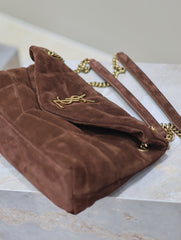 YSL 25S LOULOU PUFFER MM 29 IN DARK BROWN SUEDE GOLD HARDWRE