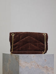 YSL 25S LOULOU PUFFER MM 29 IN DARK BROWN SUEDE GOLD HARDWRE