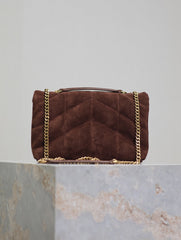 YSL 25S LOULOU PUFFER MINI 23 IN DARK BROWN SUEDE GOLD HARDWRE