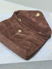 YSL 25S LOULOU PUFFER MINI 23 IN DARK BROWN SUEDE GOLD HARDWRE