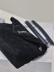 YSL 25S LOULOU PUFFER MM 29 IN BLACK SUEDE SILVER HARDWRE