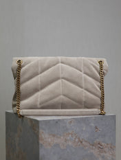 YSL 25S LOULOU PUFFER GM 35 IN SMOKEY TAUPE SUEDE GOLD HARDWRE