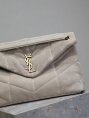 YSL 25S LOULOU PUFFER GM 35 IN SMOKEY TAUPE SUEDE GOLD HARDWARE