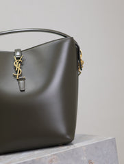 YSL 25S LE 5 À 7 BUCKET 26 IN DARK OLIVE CALFSKIN GOLD HARDWARE