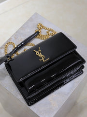 YSL 25S SUNSET MEDIUM 22 IN BLACK SHINY CALFSKIN GOLD HARDWRE