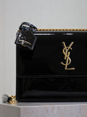 YSL 25S SUNSET MEDIUM 22 IN BLACK SHINY CALFSKIN GOLD HARDWRE