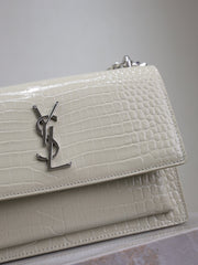 YSL 25S SUNSET MEDIUM 22 IN IVORY CROCODILE-EMBOSSED SHINY CALFSKIN SILVER HARDWARE