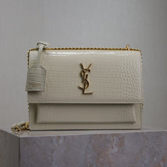 YSL 25S SUNSET MEDIUM 22 IN IVORY CROCODILE-EMBOSSED SHINY CALFSKIN GOLD HARDWRE