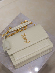 YSL 25S SUNSET MEDIUM 22 IN IVORY CROCODILE-EMBOSSED SHINY CALFSKIN GOLD HARDWRE