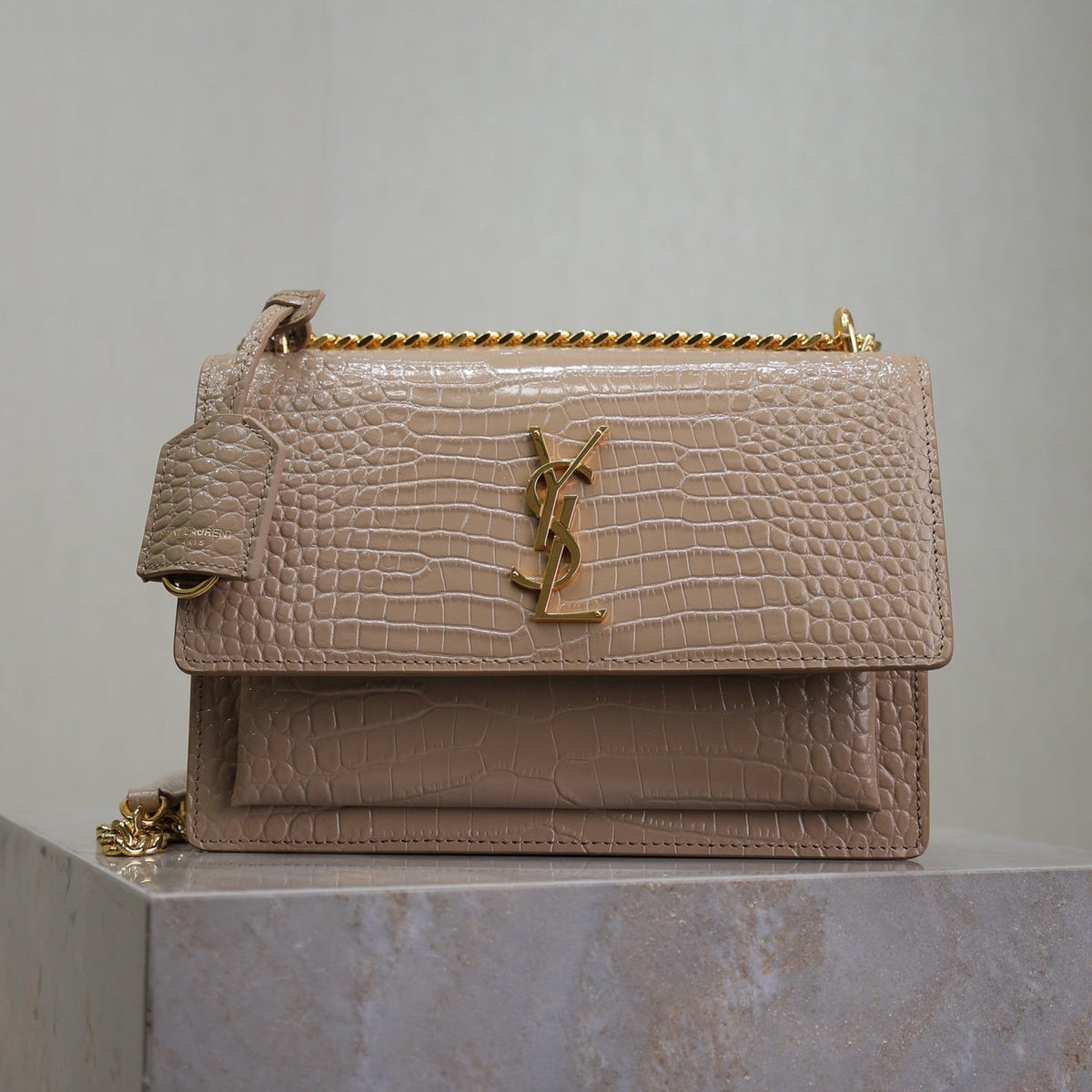YSL 25S SUNSET MEDIUM 22 IN NUDE CROCODILE-EMBOSSED SHINY CALFSKIN GOLD HARDWRE