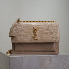 YSL 25S SUNSET MEDIUM 22 IN NUDE CROCODILE-EMBOSSED SHINY CALFSKIN GOLD HARDWRE