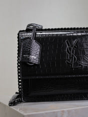 YSL 25S SUNSET MEDIUM 22 IN BLACK CROCODILE-EMBOSSED SHINY CALFSKIN BLACK HARDWARE