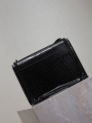 YSL 25S SUNSET MEDIUM 22 IN BLACK CROCODILE-EMBOSSED SHINY CALFSKIN BLACK HARDWARE