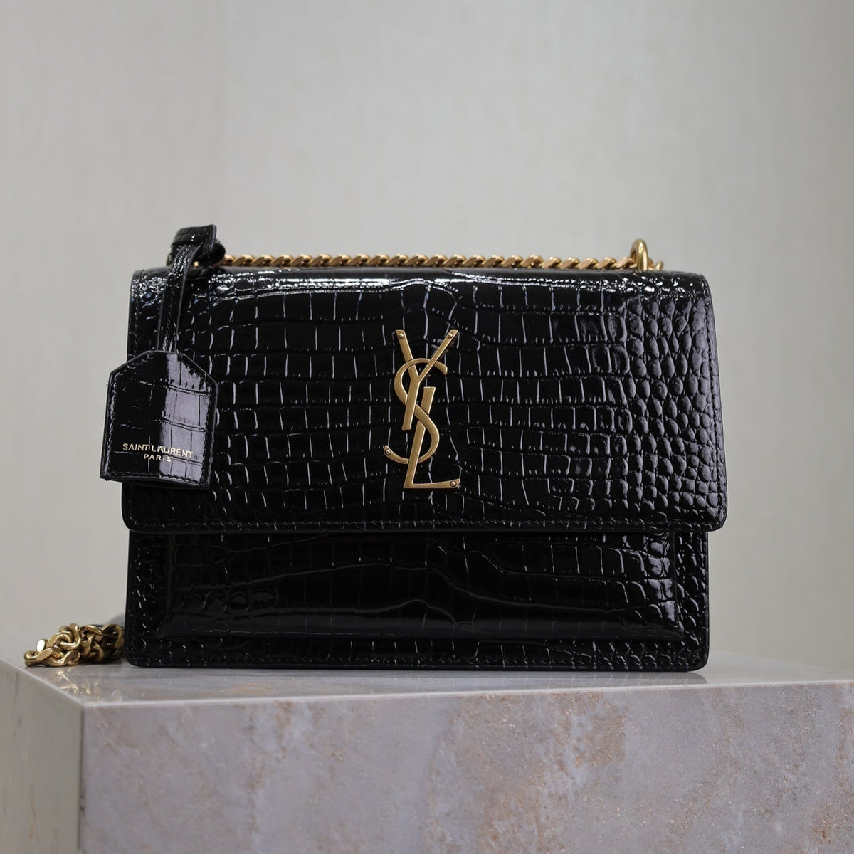 YSL 25S SUNSET MEDIUM 22 IN BLACK CROCODILE-EMBOSSED SHINY CALFSKIN GOLD HARDWRE